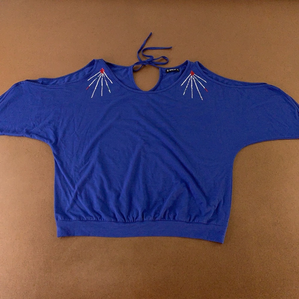Sheilay Women's Size Large Blue 3/4 Split Sleeve Sequin Back Tie Pullover Top
